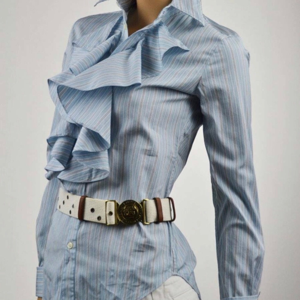 Ralph Lauren BLUE GREY RUFFLE SHIRT BLOUSE NWT - Picture 2 of 8